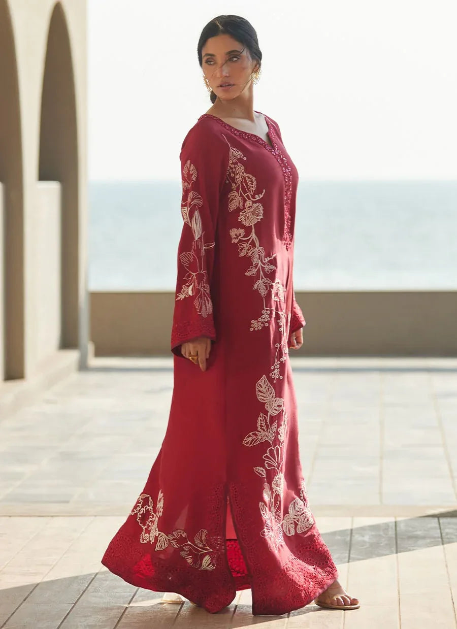 Farah Talib Aziz | Laani The Kaftan Edit | Siren Scarlett Silk - Aqsa Fabrics