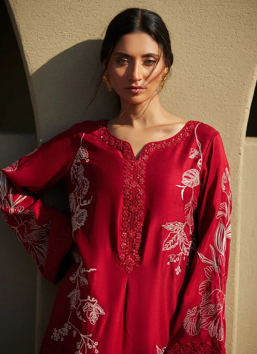 Farah Talib Aziz | Laani The Kaftan Edit | Siren Scarlett Silk - Aqsa Fabrics