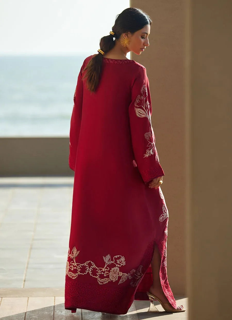 Farah Talib Aziz | Laani The Kaftan Edit | Siren Scarlett Silk - Aqsa Fabrics