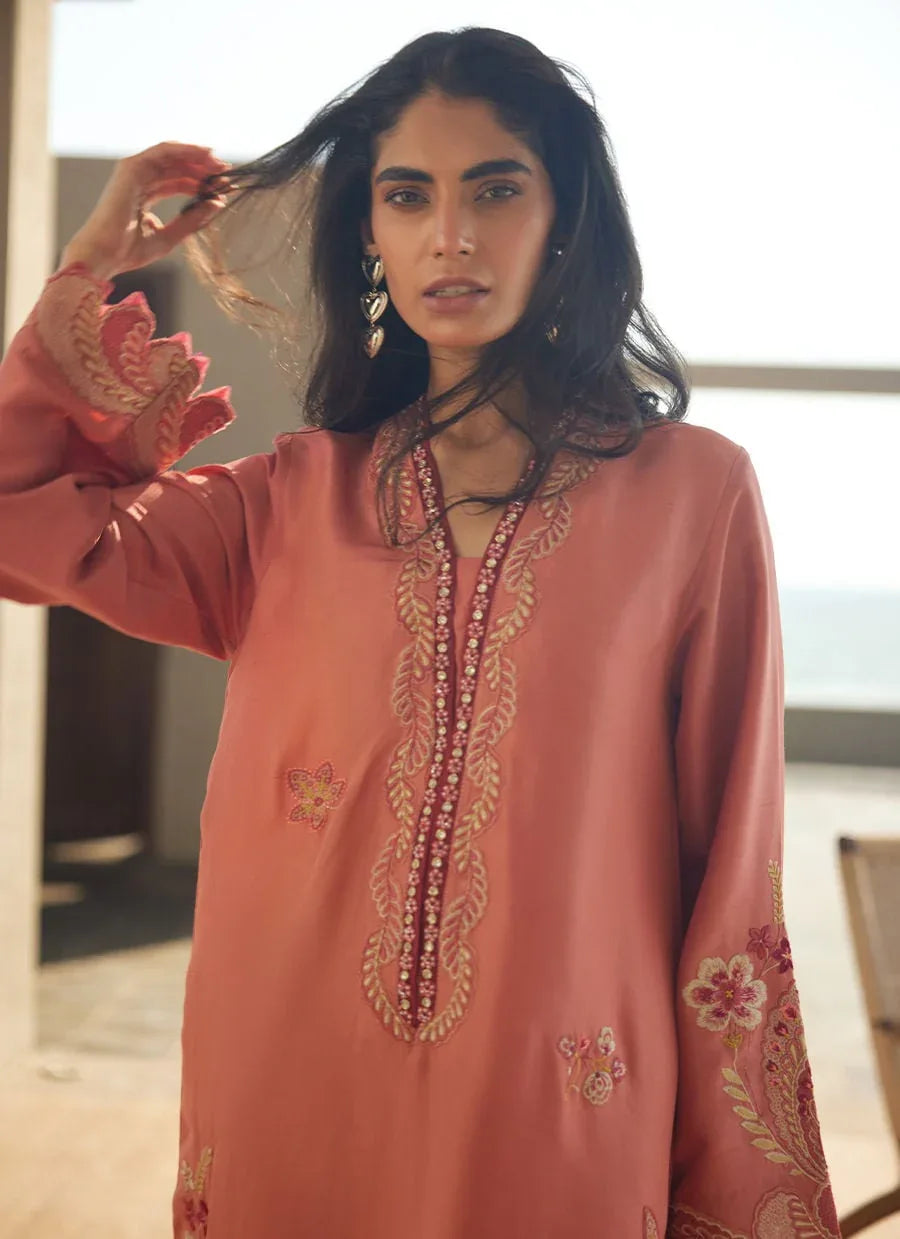 Farah Talib Aziz | Laani The Kaftan Edit | Nami Coral Silk - Aqsa Fabrics