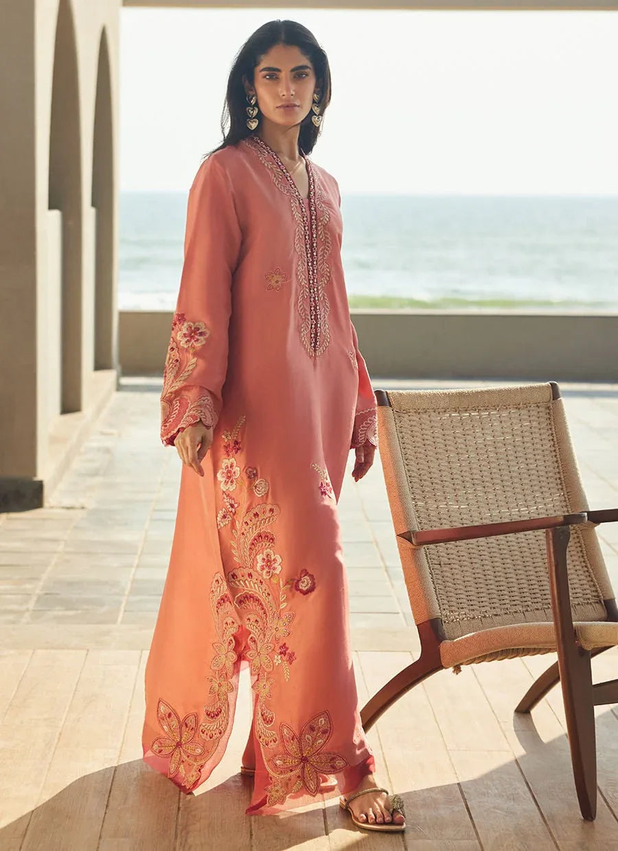 Farah Talib Aziz | Laani The Kaftan Edit | Nami Coral Silk - Aqsa Fabrics