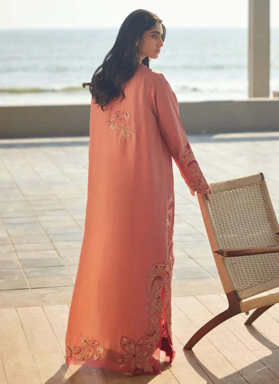 Farah Talib Aziz | Laani The Kaftan Edit | Nami Coral Silk - Aqsa Fabrics