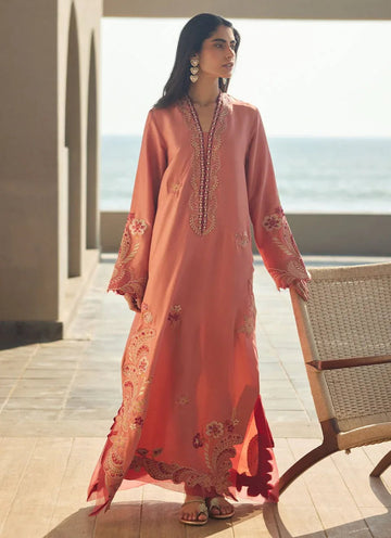 Farah Talib Aziz | Laani The Kaftan Edit | Nami Coral Silk - Aqsa Fabrics