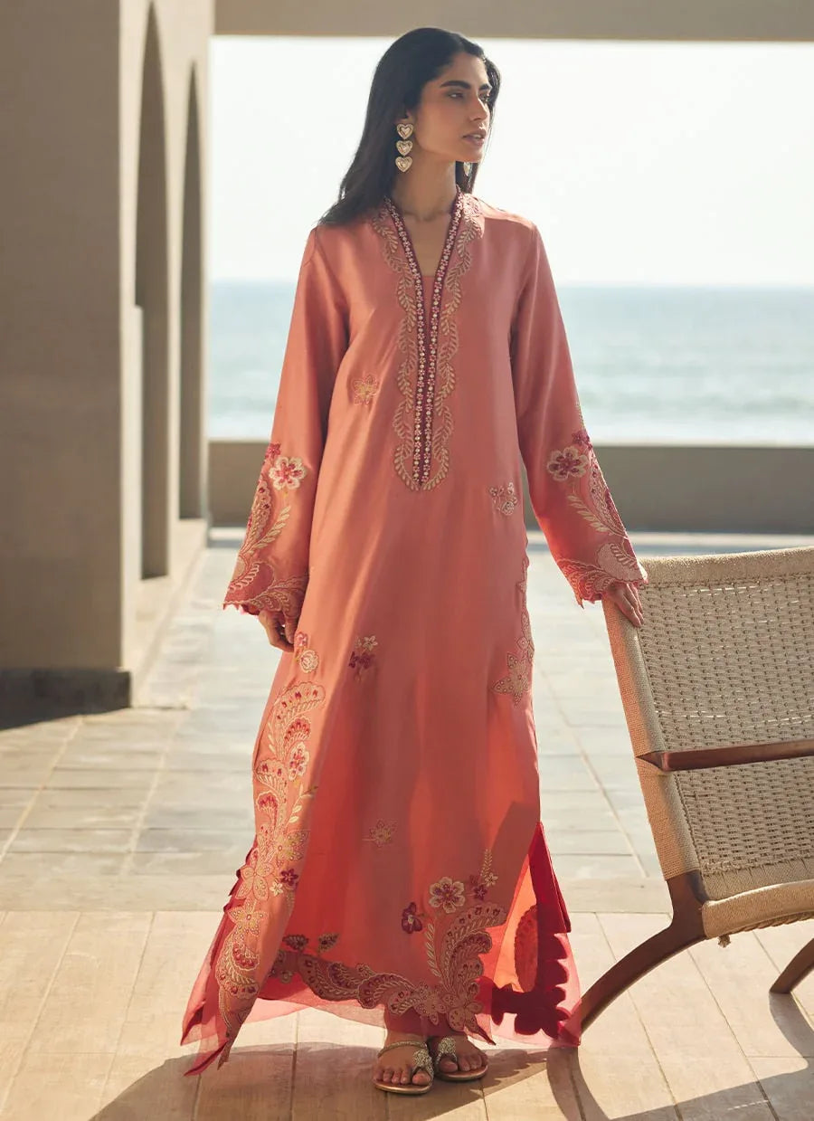 Farah Talib Aziz | Laani The Kaftan Edit | Nami Coral Silk - Aqsa Fabrics