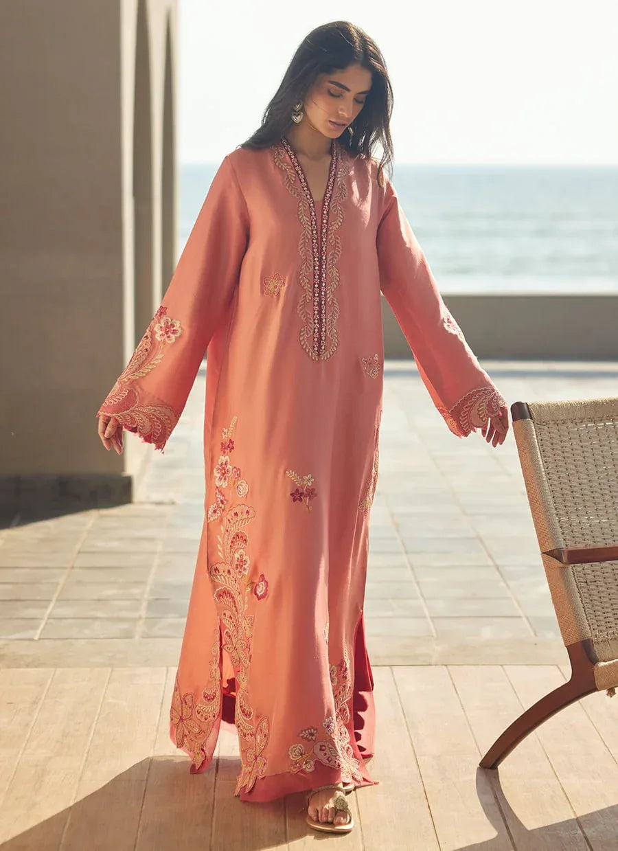 Farah Talib Aziz | Laani The Kaftan Edit | Nami Coral Silk - Aqsa Fabrics