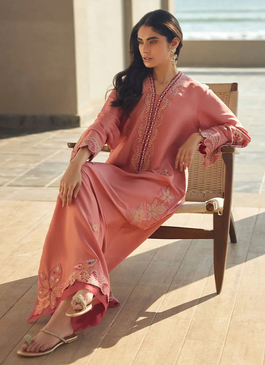 Farah Talib Aziz | Laani The Kaftan Edit | Nami Coral Silk - Aqsa Fabrics
