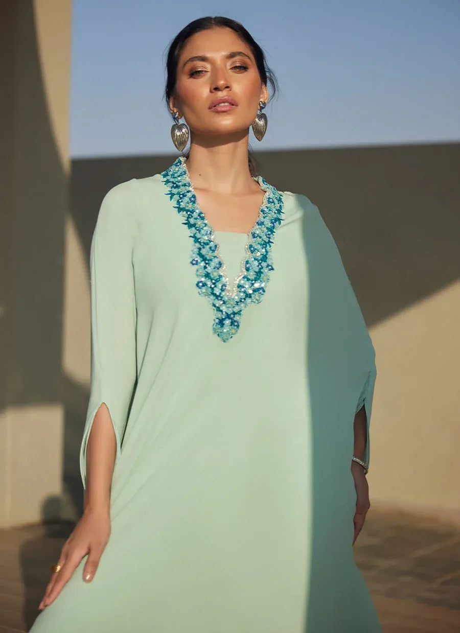 Farah Talib Aziz | Laani The Kaftan Edit | Nika Iceblue Chiffon - Aqsa Fabrics