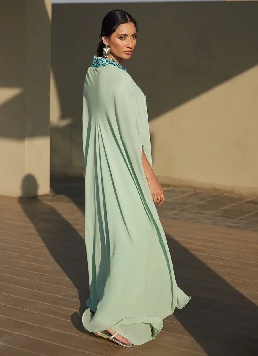 Farah Talib Aziz | Laani The Kaftan Edit | Nika Iceblue Chiffon - Aqsa Fabrics