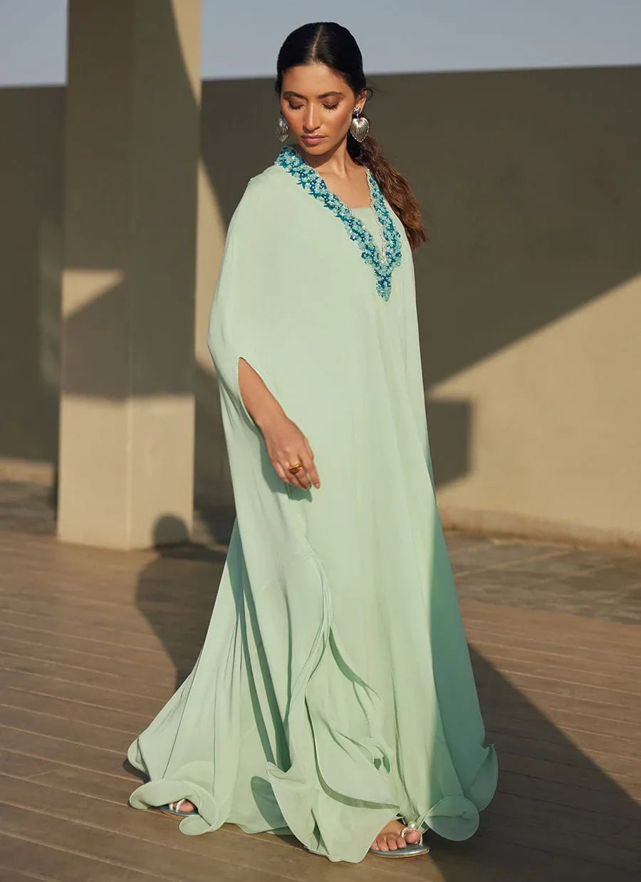 Farah Talib Aziz | Laani The Kaftan Edit | Nika Iceblue Chiffon - Aqsa Fabrics