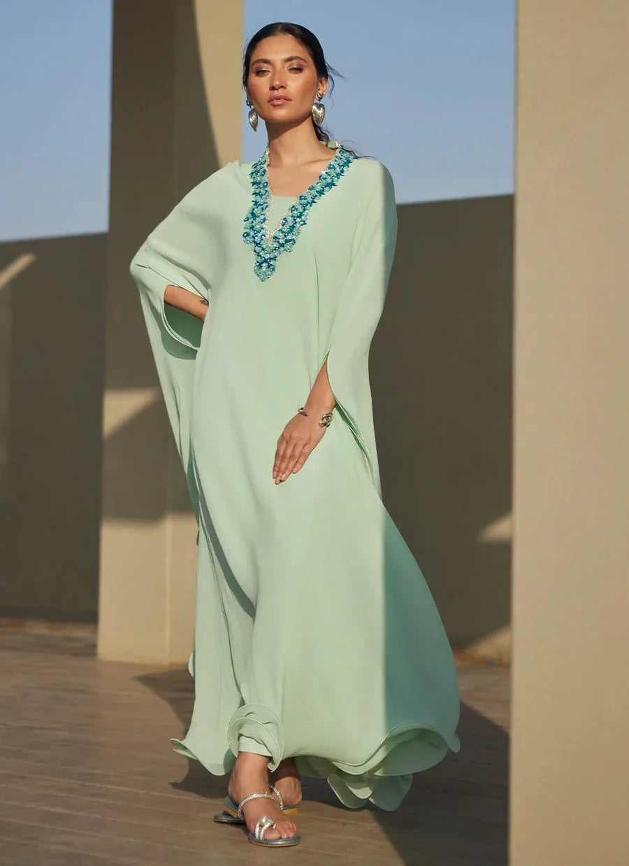 Farah Talib Aziz | Laani The Kaftan Edit | Nika Iceblue Chiffon - Aqsa Fabrics