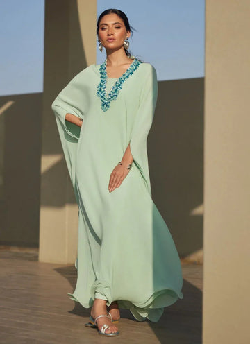 Farah Talib Aziz | Laani The Kaftan Edit | Nika Iceblue Chiffon - Aqsa Fabrics