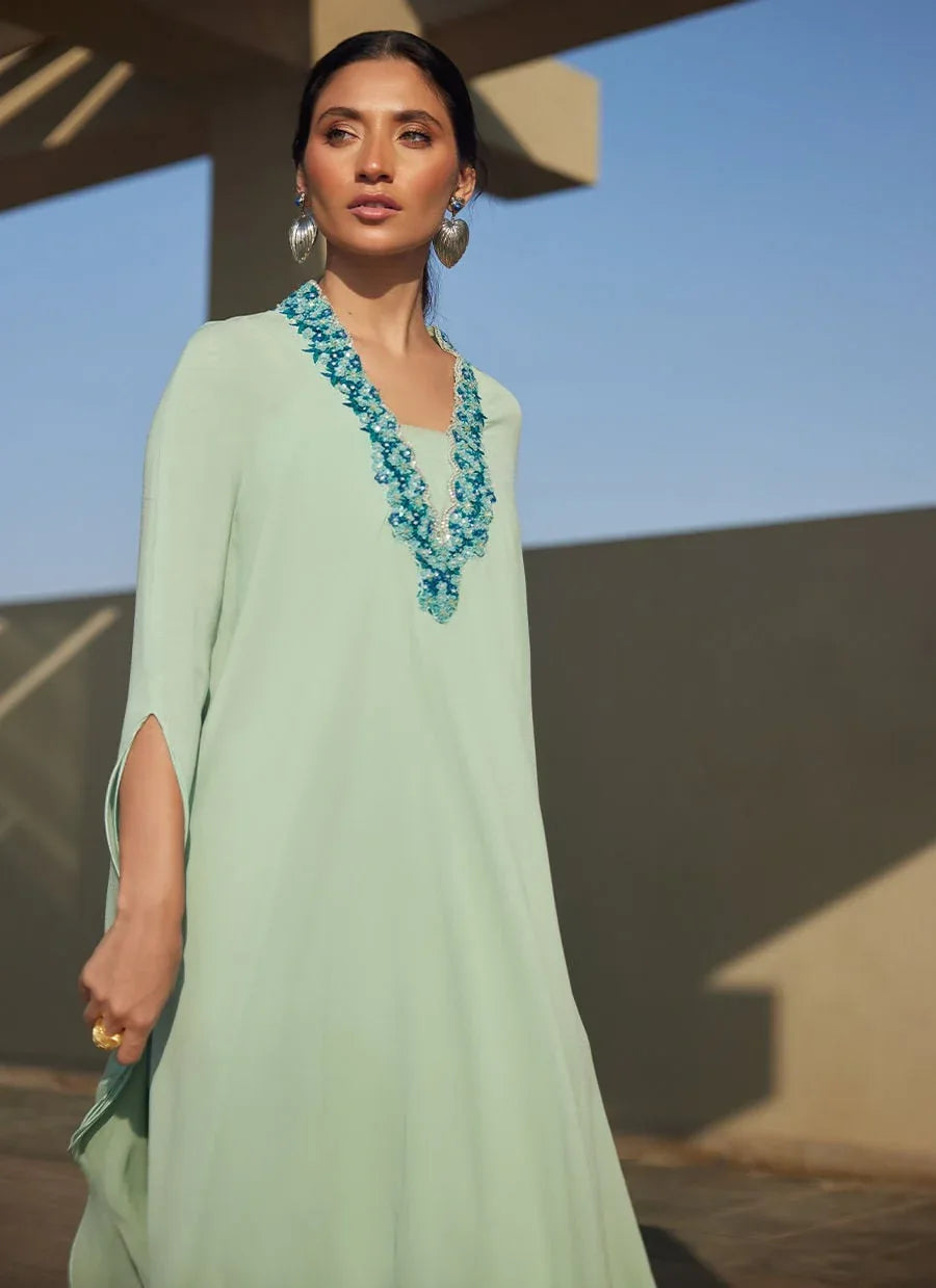 Farah Talib Aziz | Laani The Kaftan Edit | Nika Iceblue Chiffon - Aqsa Fabrics