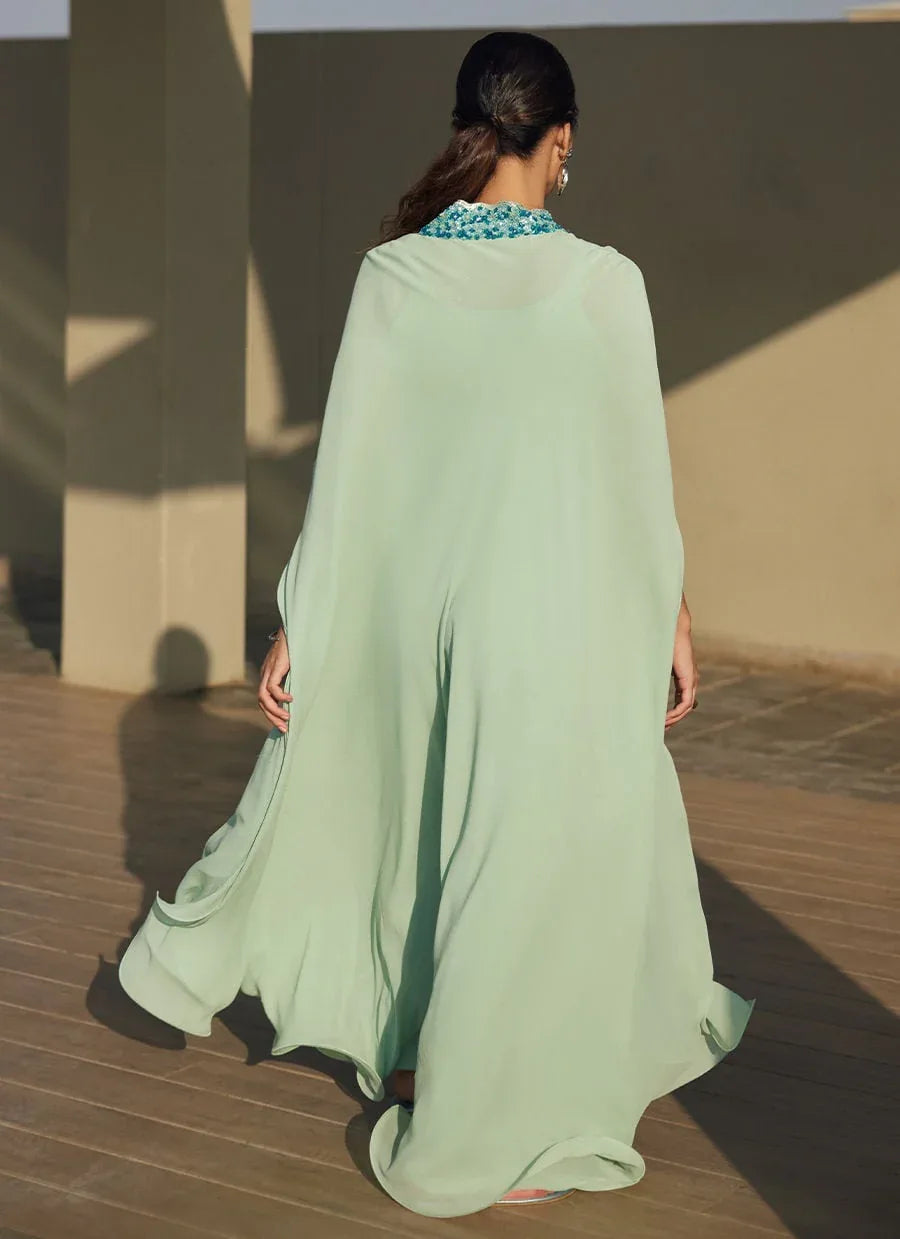 Farah Talib Aziz | Laani The Kaftan Edit | Nika Iceblue Chiffon - Aqsa Fabrics