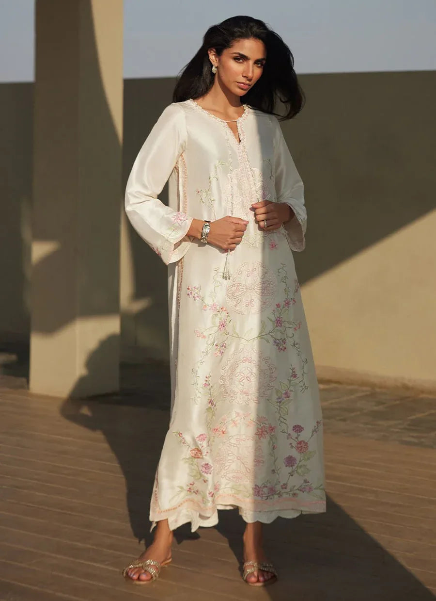 Farah Talib Aziz | Laani The Kaftan Edit | Coraline Ivory Silk - Aqsa Fabrics