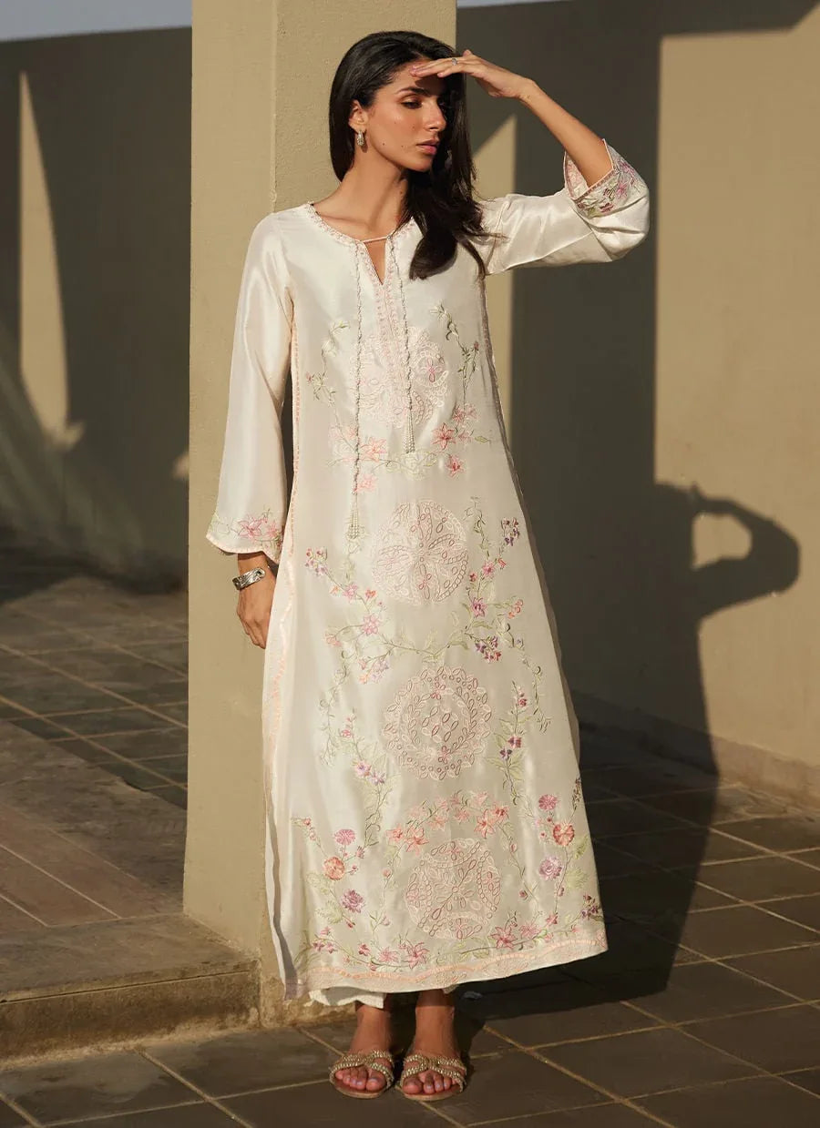 Farah Talib Aziz | Laani The Kaftan Edit | Coraline Ivory Silk - Aqsa Fabrics