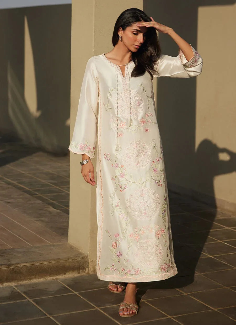 Farah Talib Aziz | Laani The Kaftan Edit | Coraline Ivory Silk - Aqsa Fabrics
