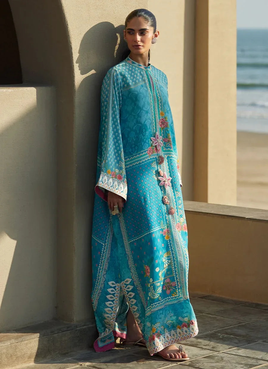 Farah Talib Aziz | Laani The Kaftan Edit | Amaris Sky-Blue Crepe - Aqsa Fabrics