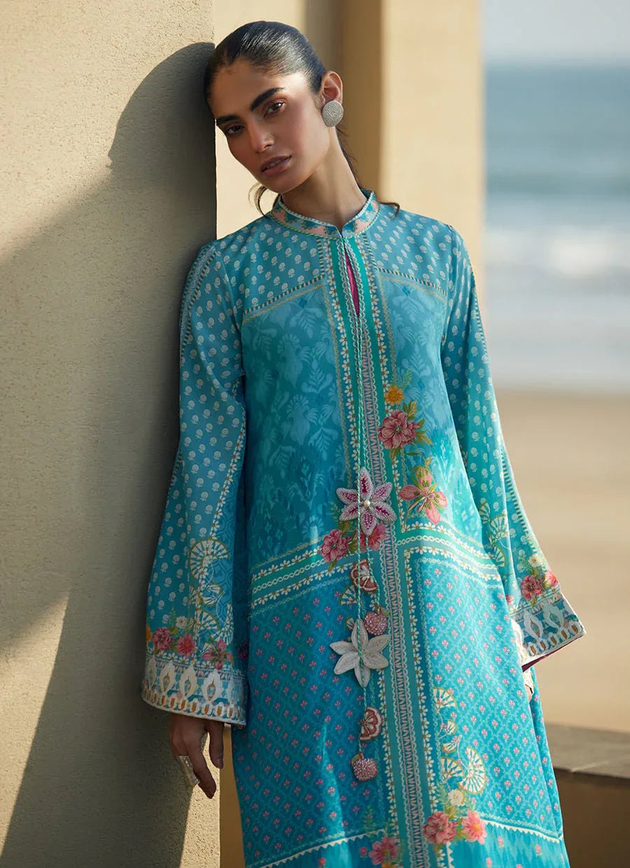 Farah Talib Aziz | Laani The Kaftan Edit | Amaris Sky-Blue Crepe - Aqsa Fabrics