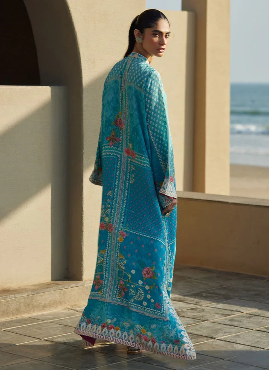 Farah Talib Aziz | Laani The Kaftan Edit | Amaris Sky-Blue Crepe - Aqsa Fabrics