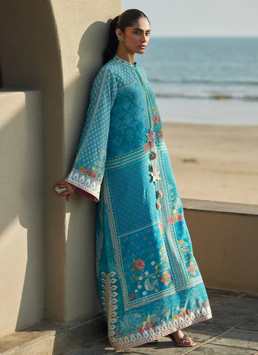 Farah Talib Aziz | Laani The Kaftan Edit | Amaris Sky-Blue Crepe - Aqsa Fabrics