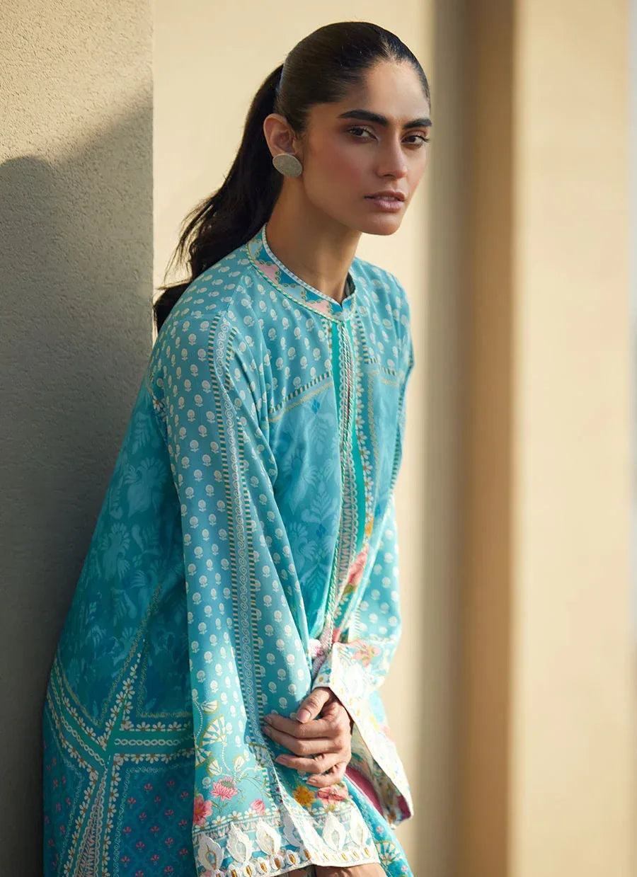Farah Talib Aziz | Laani The Kaftan Edit | Amaris Sky-Blue Crepe - Aqsa Fabrics