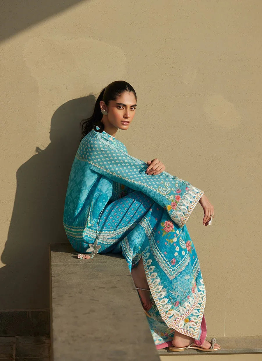 Farah Talib Aziz | Laani The Kaftan Edit | Amaris Sky-Blue Crepe - Aqsa Fabrics