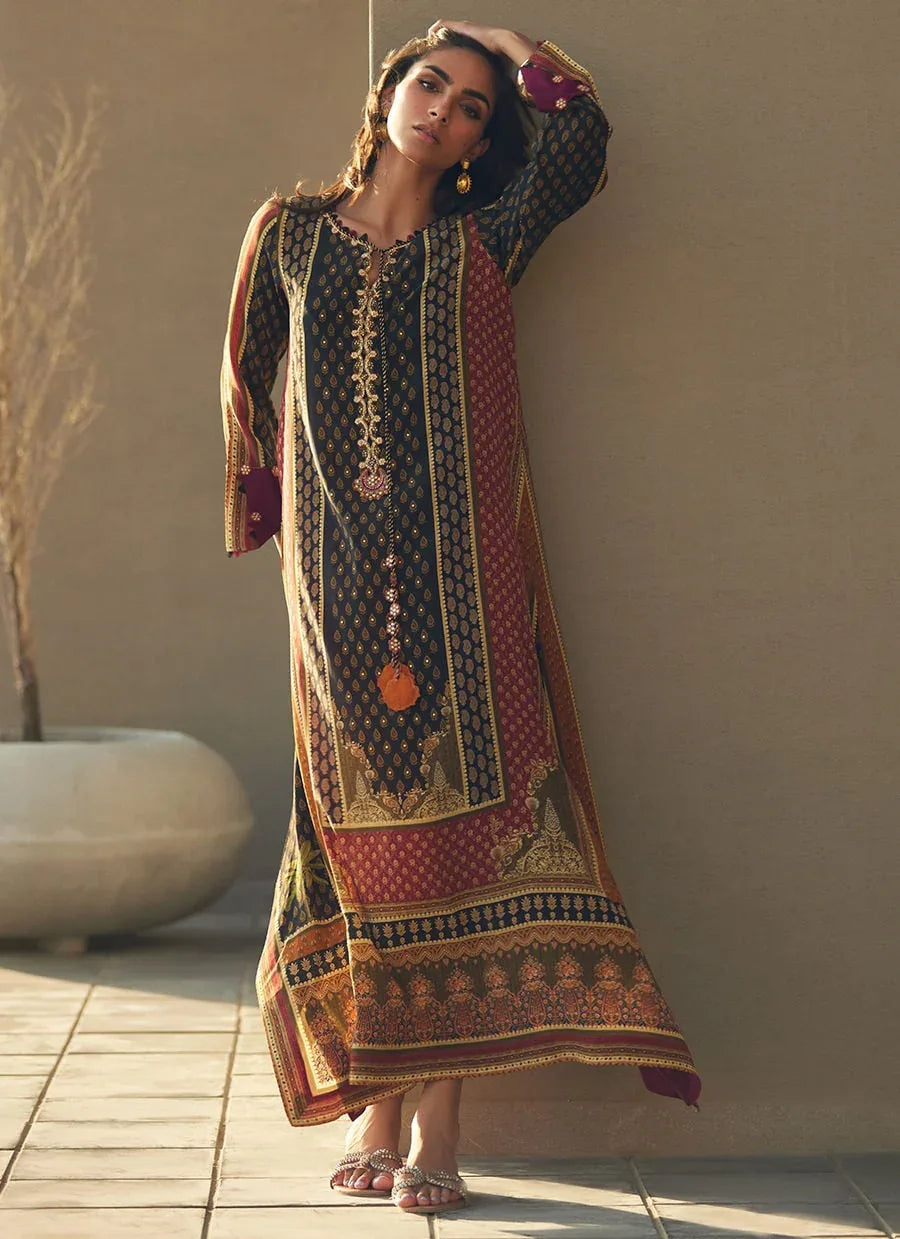 Farah Talib Aziz | Laani The Kaftan Edit | Ophelia Onyx Crepe - Aqsa Fabrics