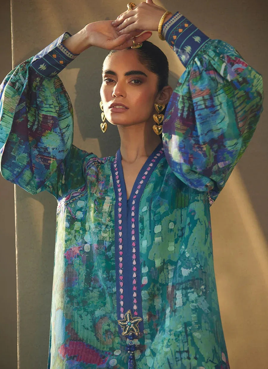 Farah Talib Aziz | Laani The Kaftan Edit | Tulum Blue Crepe - Aqsa Fabrics