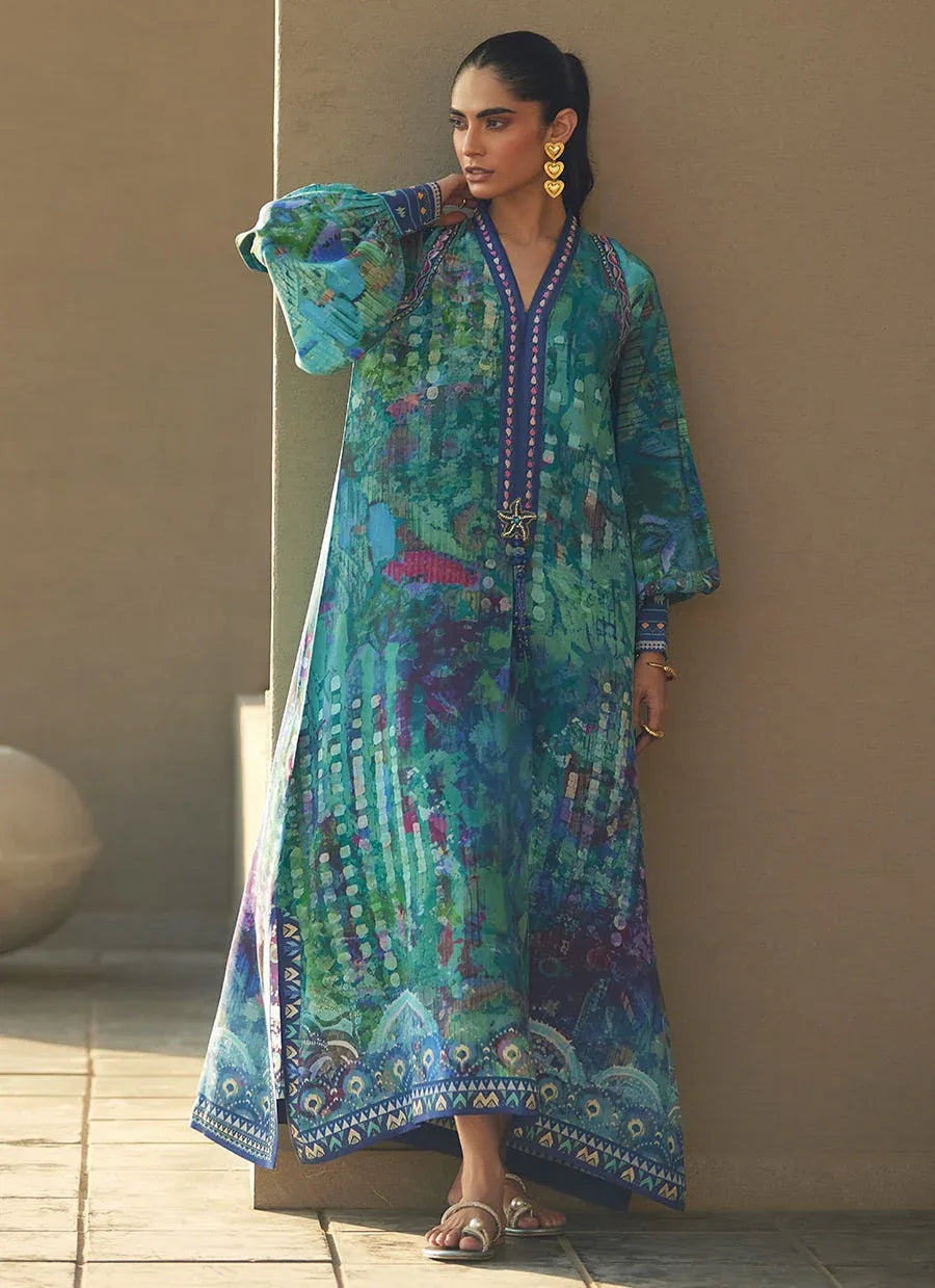 Farah Talib Aziz | Laani The Kaftan Edit | Tulum Blue Crepe - Aqsa Fabrics