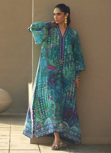 Farah Talib Aziz | Laani The Kaftan Edit | Tulum Blue Crepe - Aqsa Fabrics