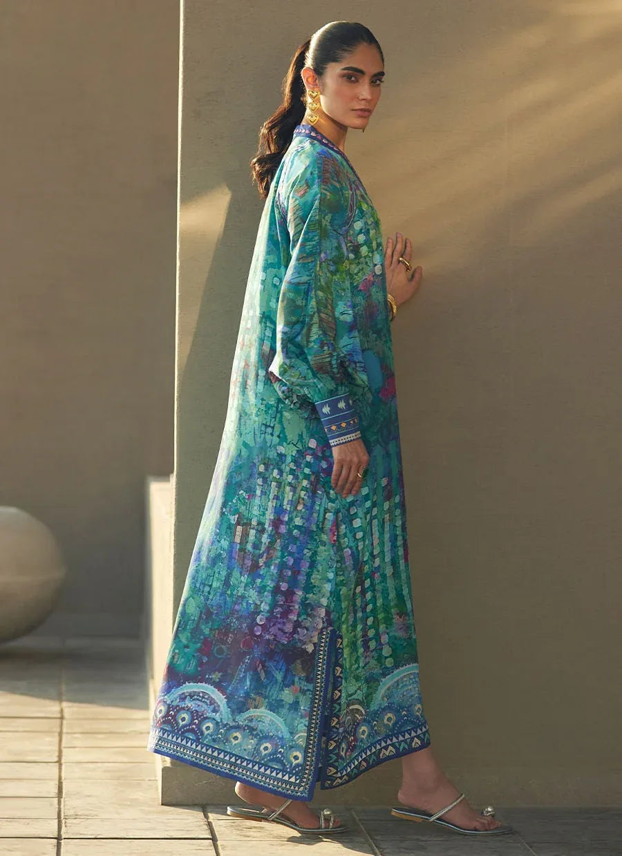 Farah Talib Aziz | Laani The Kaftan Edit | Tulum Blue Crepe - Aqsa Fabrics