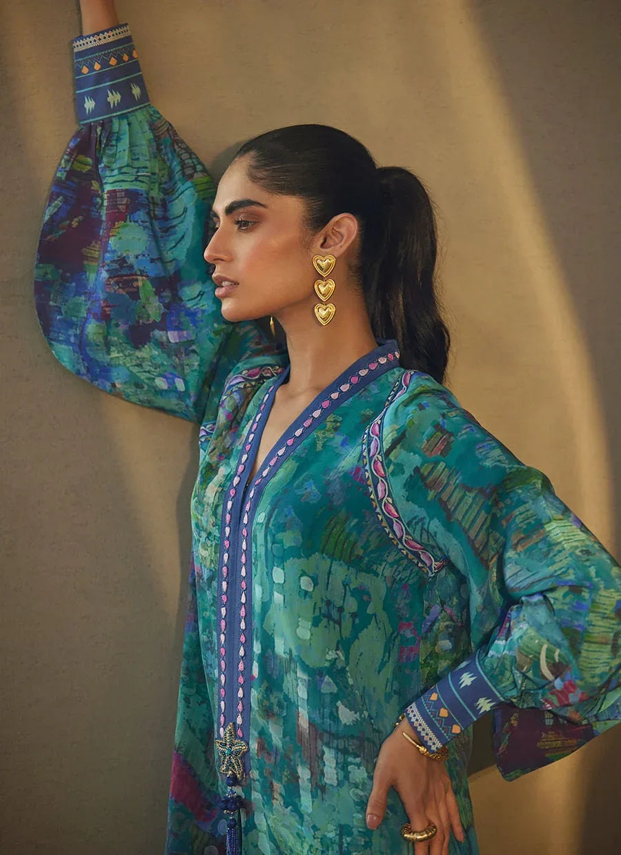 Farah Talib Aziz | Laani The Kaftan Edit | Tulum Blue Crepe - Aqsa Fabrics