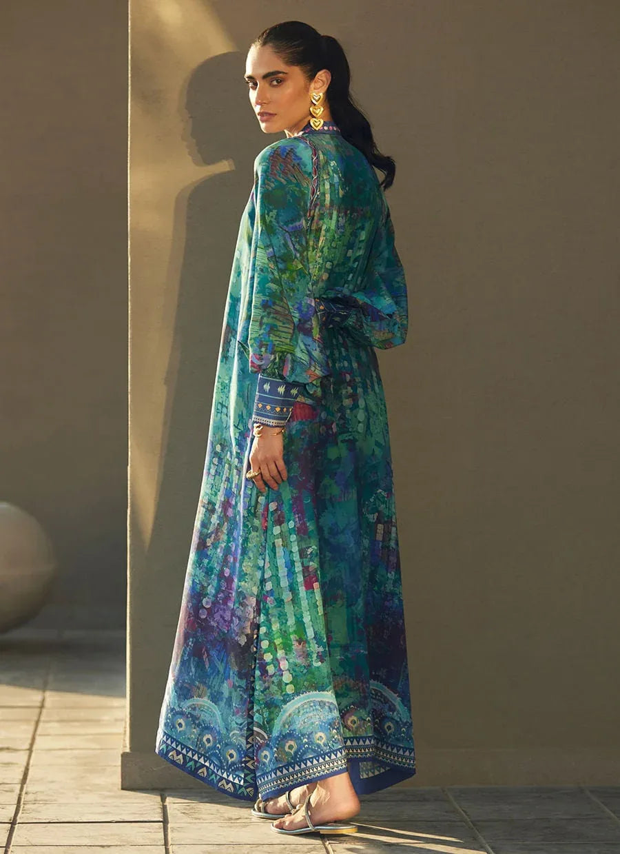 Farah Talib Aziz | Laani The Kaftan Edit | Tulum Blue Crepe - Aqsa Fabrics
