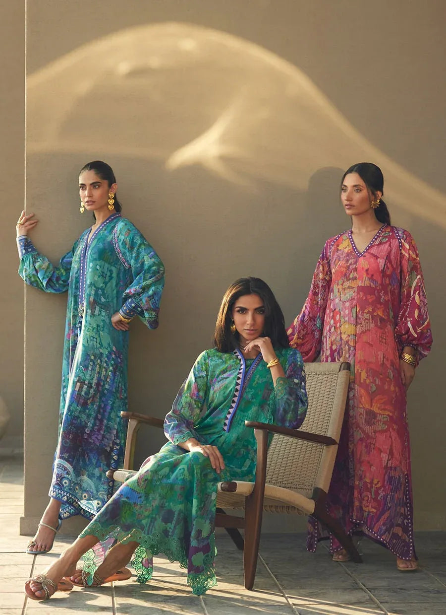 Farah Talib Aziz | Laani The Kaftan Edit | Tulum Blue Crepe - Aqsa Fabrics