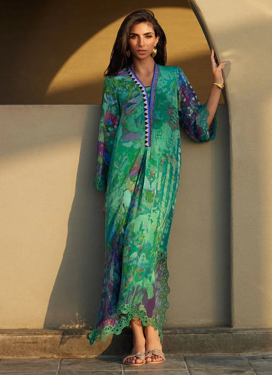 Farah Talib Aziz | Laani The Kaftan Edit | Ariel Emerald Crepe - Aqsa Fabrics
