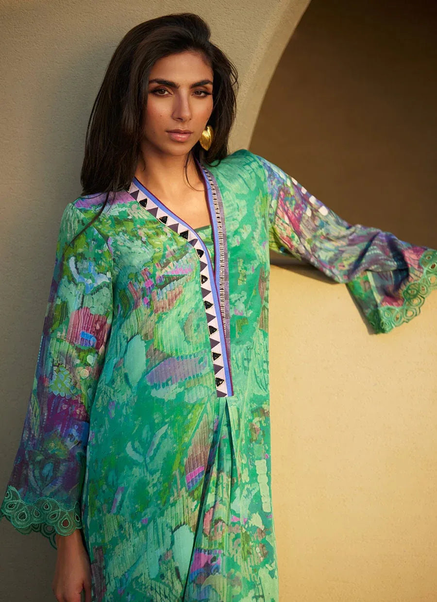 Farah Talib Aziz | Laani The Kaftan Edit | Ariel Emerald Crepe - Aqsa Fabrics