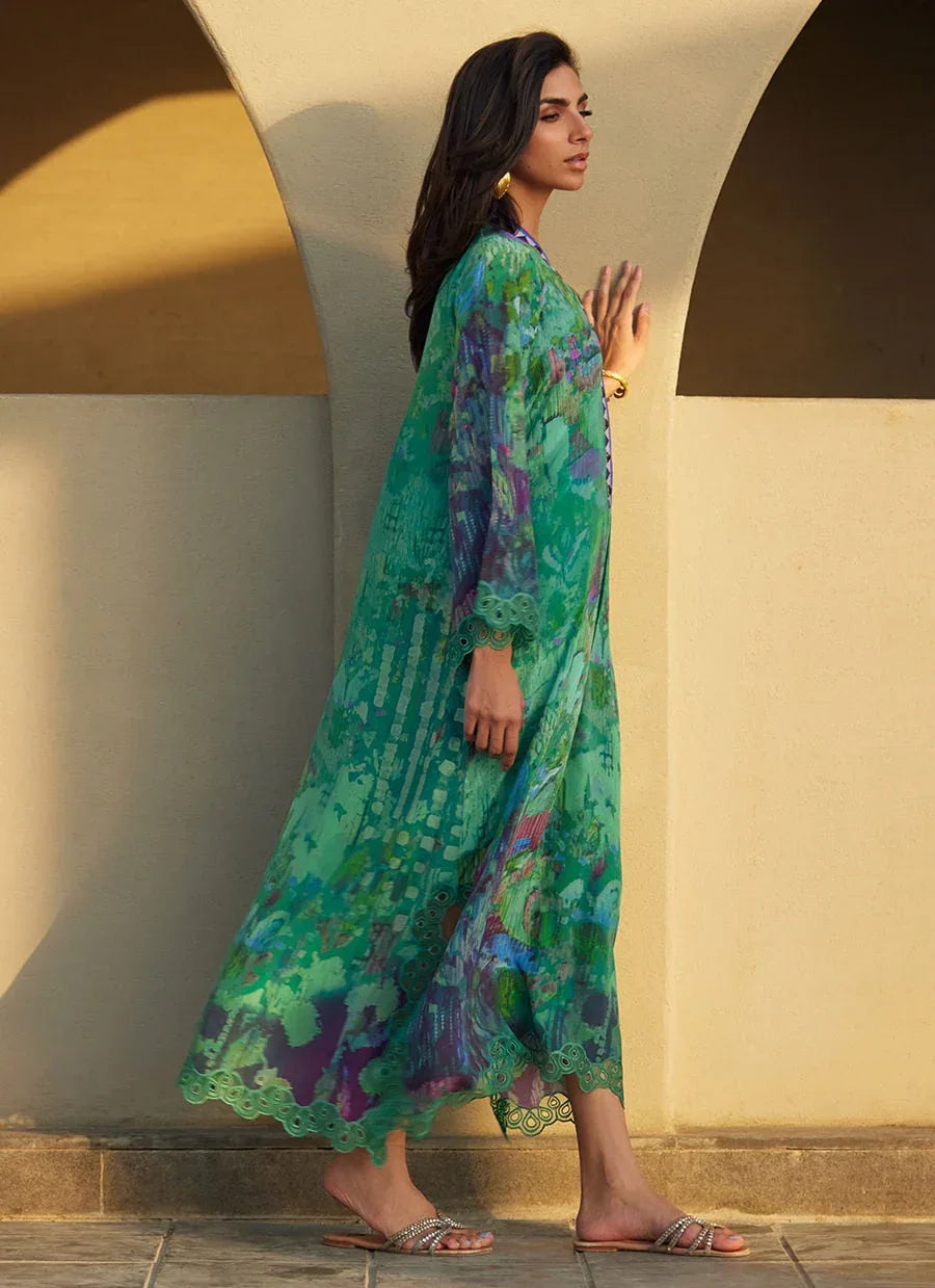 Farah Talib Aziz | Laani The Kaftan Edit | Ariel Emerald Crepe - Aqsa Fabrics