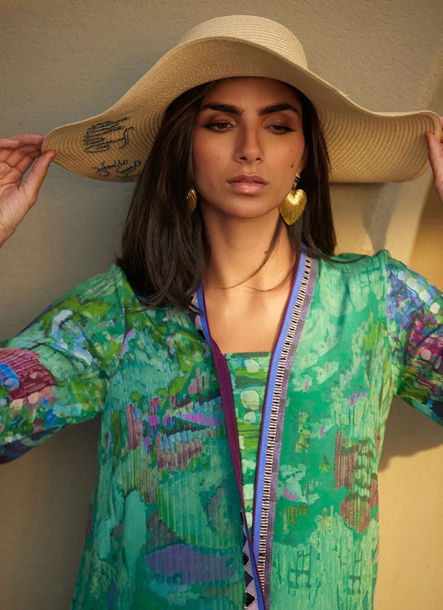 Farah Talib Aziz | Laani The Kaftan Edit | Ariel Emerald Crepe - Aqsa Fabrics