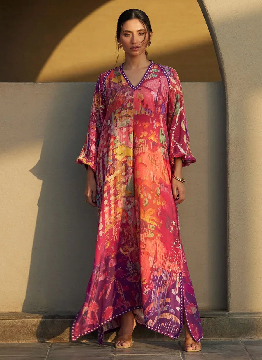 Farah Talib Aziz | Laani The Kaftan Edit | Mischa Magenta Crepe - Aqsa Fabrics
