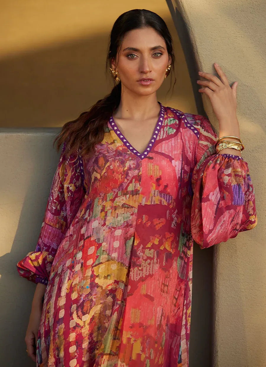 Farah Talib Aziz | Laani The Kaftan Edit | Mischa Magenta Crepe - Aqsa Fabrics