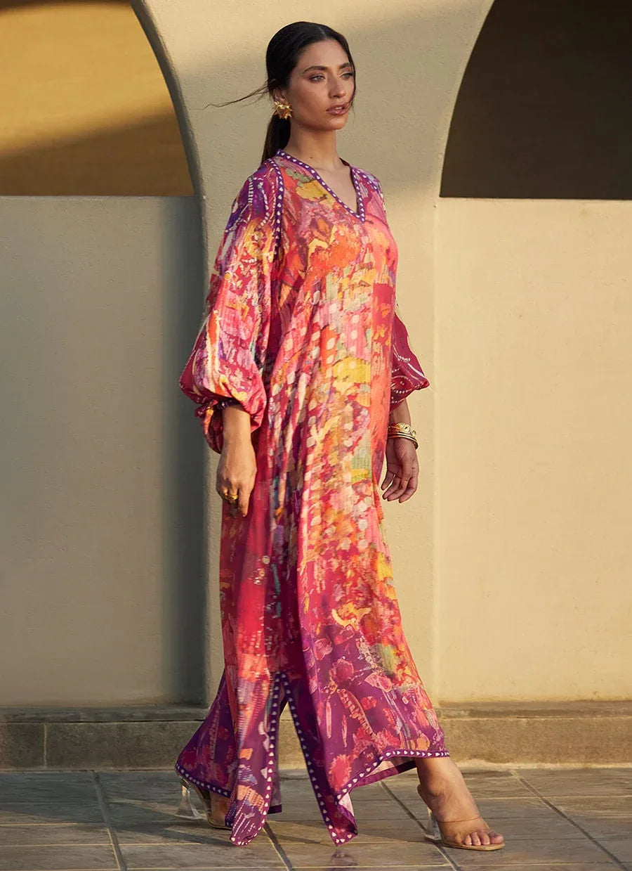 Farah Talib Aziz | Laani The Kaftan Edit | Mischa Magenta Crepe - Aqsa Fabrics