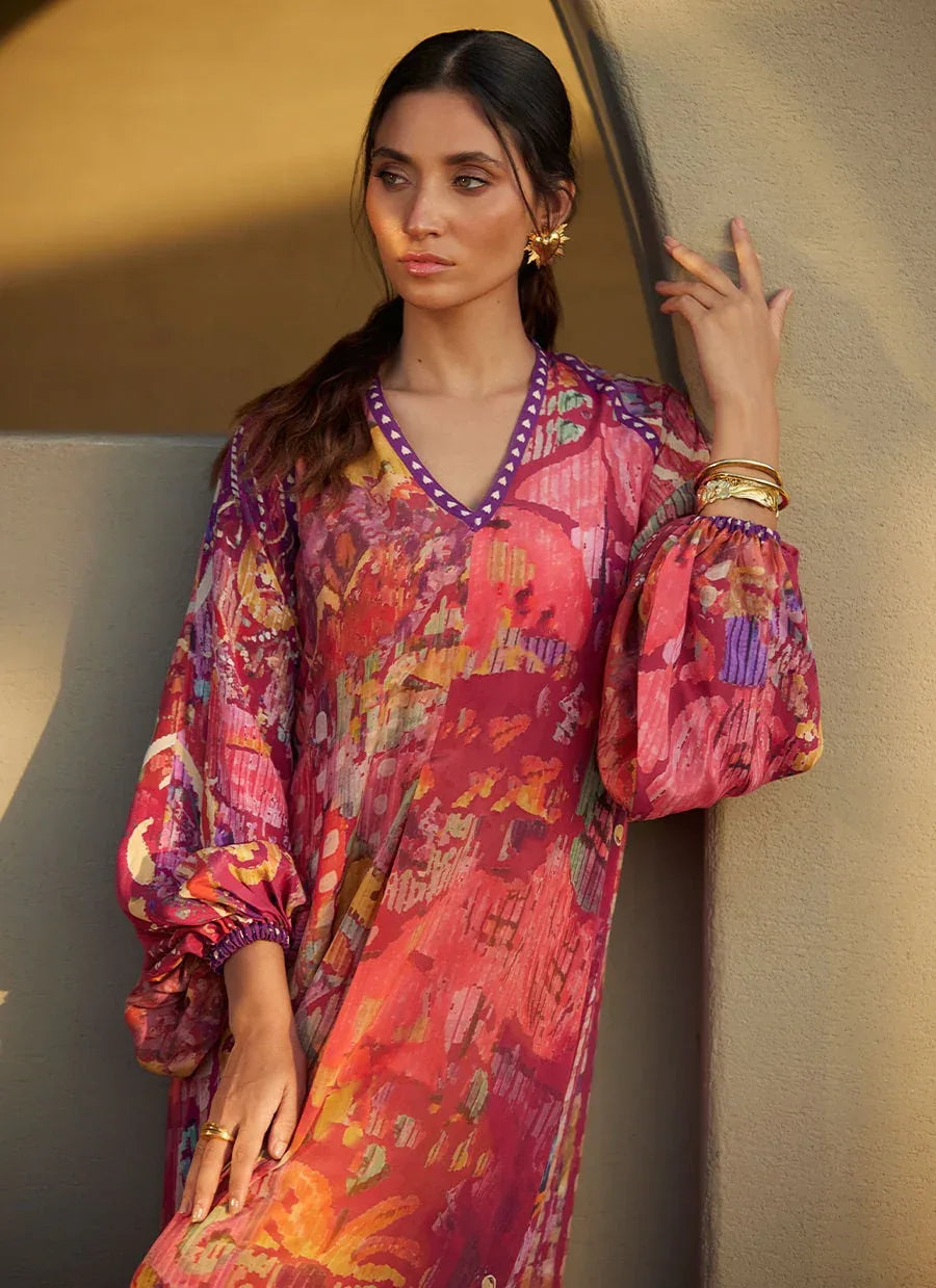 Farah Talib Aziz | Laani The Kaftan Edit | Mischa Magenta Crepe - Aqsa Fabrics