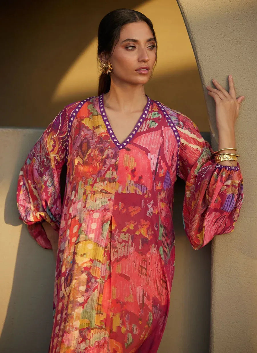Farah Talib Aziz | Laani The Kaftan Edit | Mischa Magenta Crepe - Aqsa Fabrics