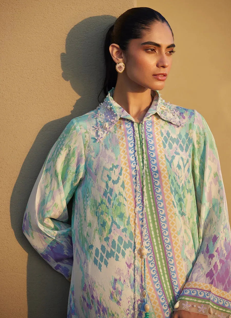 Farah Talib Aziz | Laani The Kaftan Edit | Marisol Ikkat Crepe - Aqsa Fabrics