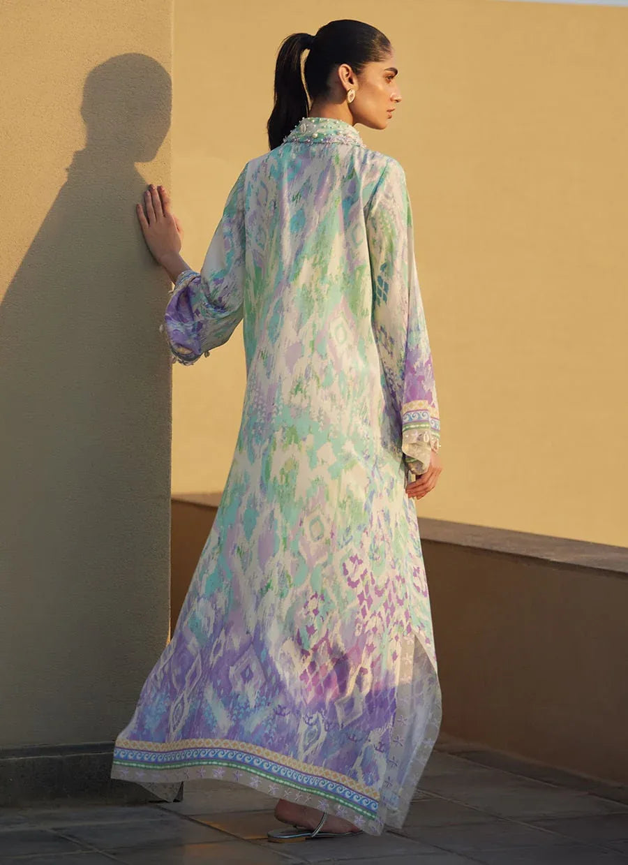 Farah Talib Aziz | Laani The Kaftan Edit | Marisol Ikkat Crepe - Aqsa Fabrics