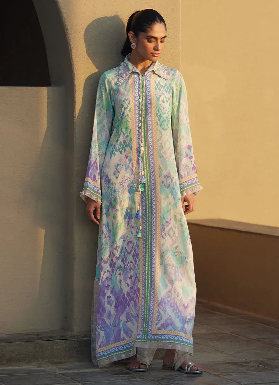 Farah Talib Aziz | Laani The Kaftan Edit | Marisol Ikkat Crepe - Aqsa Fabrics