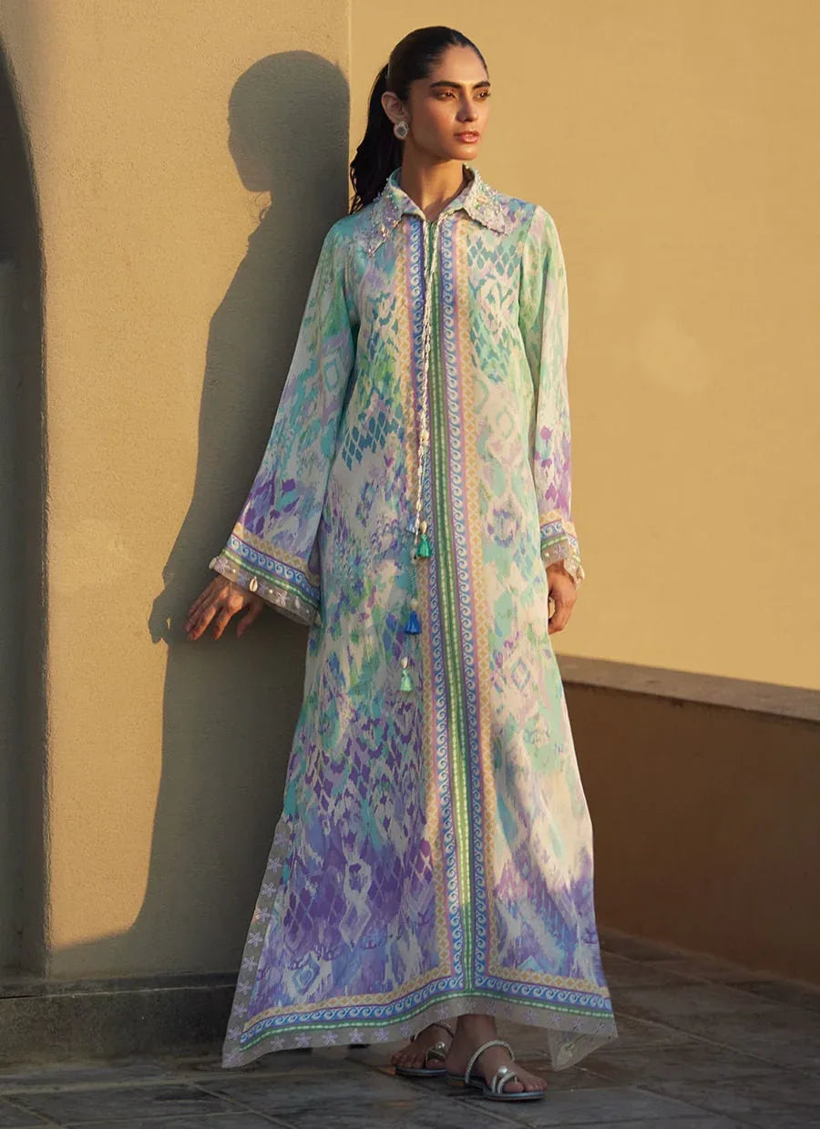 Farah Talib Aziz | Laani The Kaftan Edit | Marisol Ikkat Crepe - Aqsa Fabrics