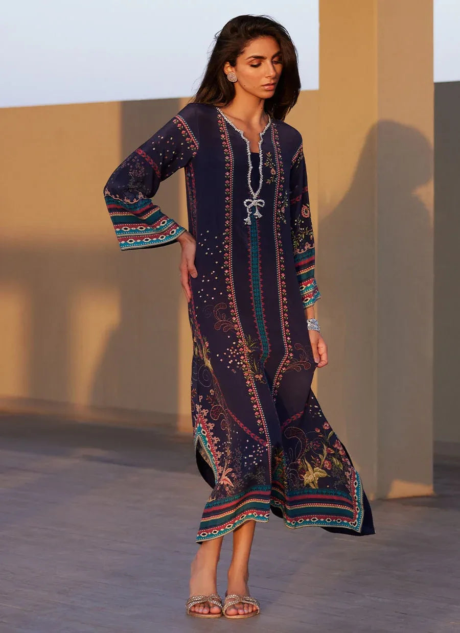 Farah Talib Aziz | Laani The Kaftan Edit | Zahara Midnight Crepe - Aqsa Fabrics