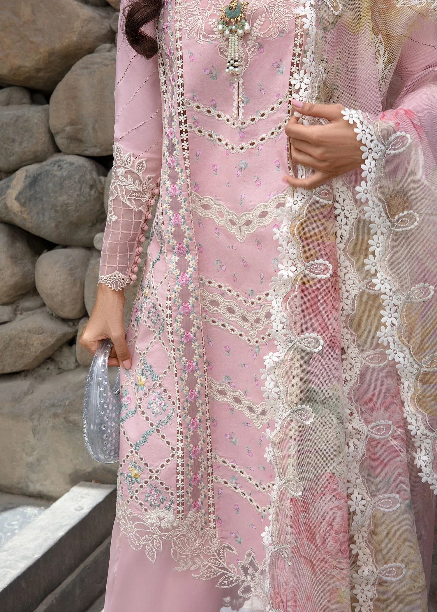 Crimson | Lawn 2024 | A Floral Mesh - Rose Pink - Aqsa Fabrics