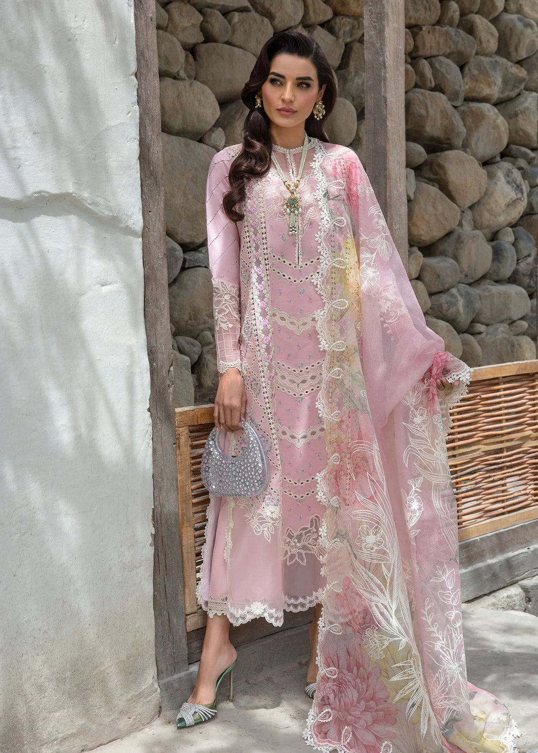 Crimson | Lawn 2024 | A Floral Mesh - Rose Pink - Aqsa Fabrics
